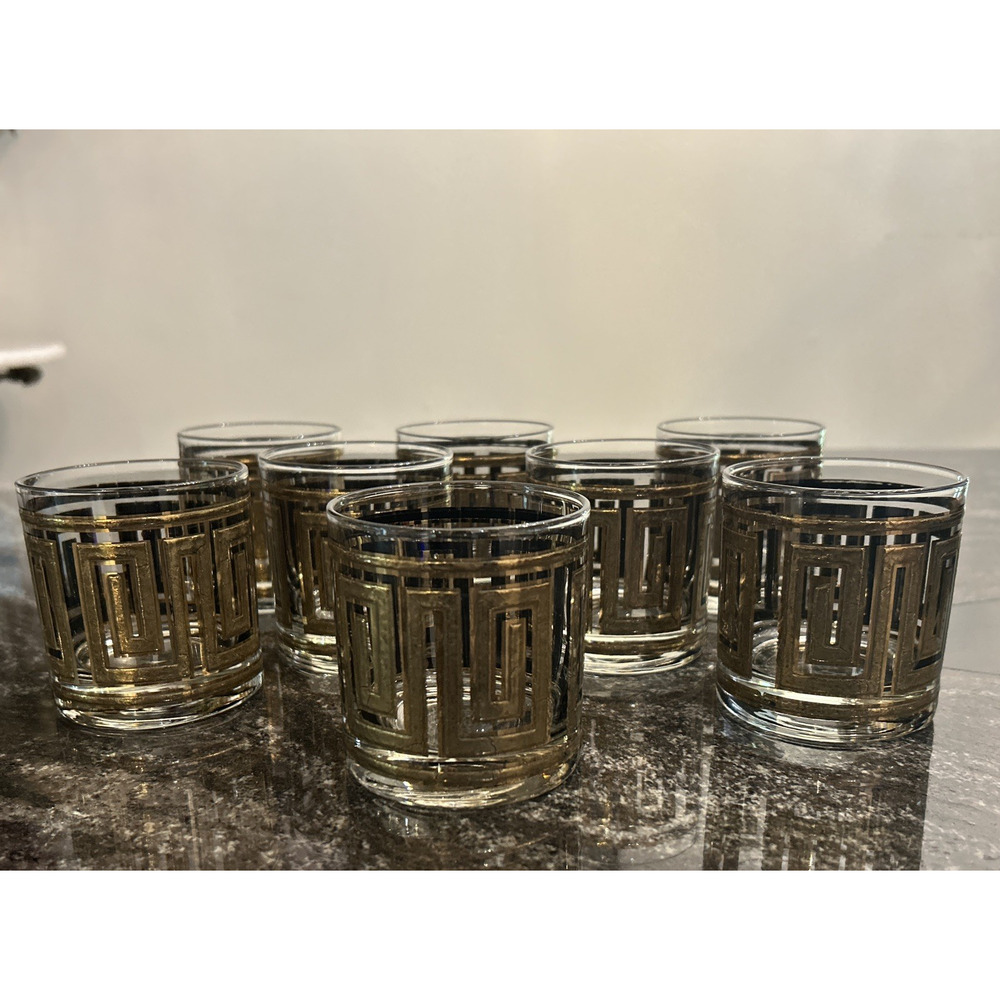 Vintage Culver Gold Greek Key Barware Double Old Fashioned Glasses Set of 8